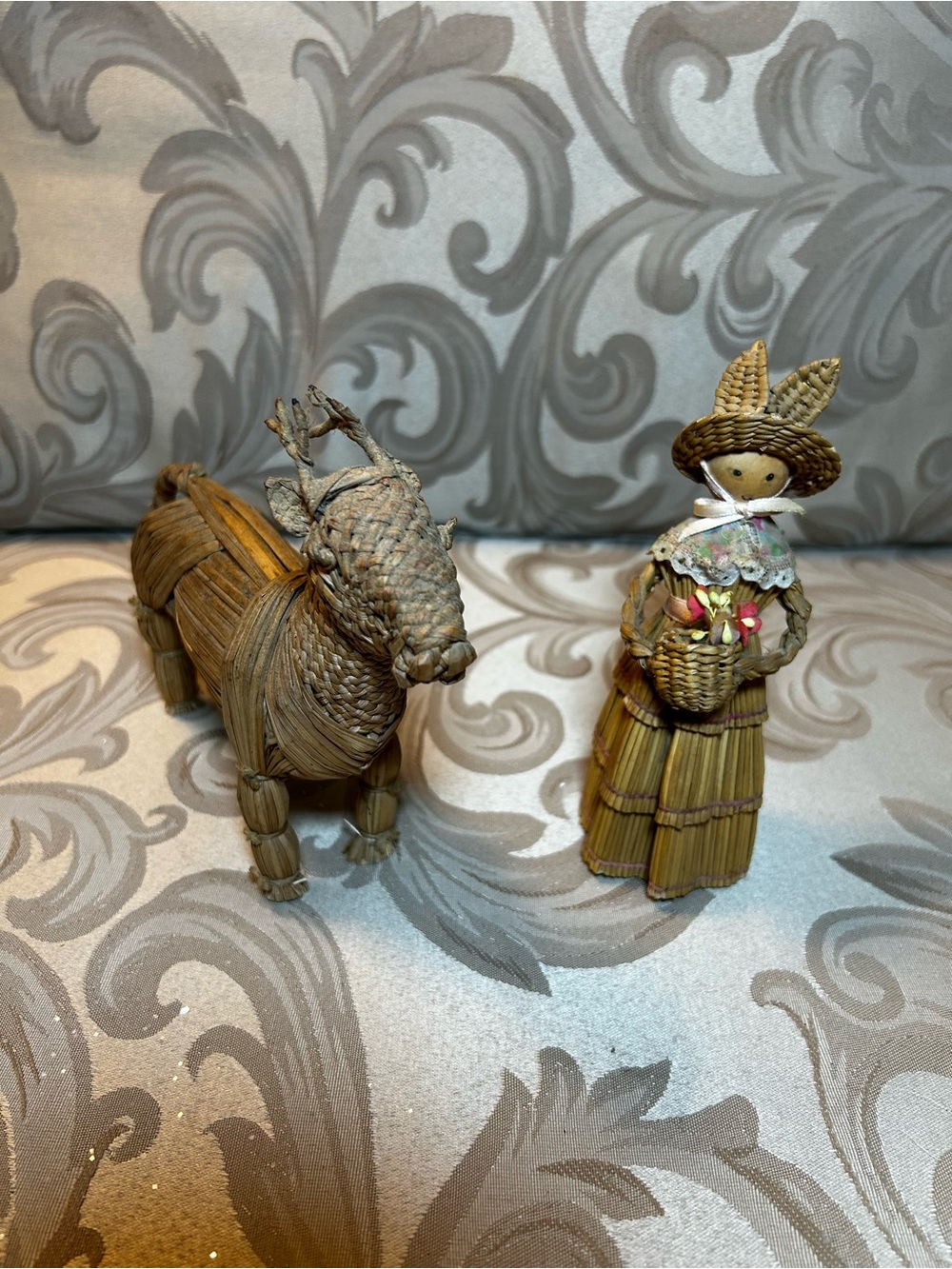 Vintage Folk Art Woven Straw Doll Figurine Set Deer Easter Bunny Flower Basket